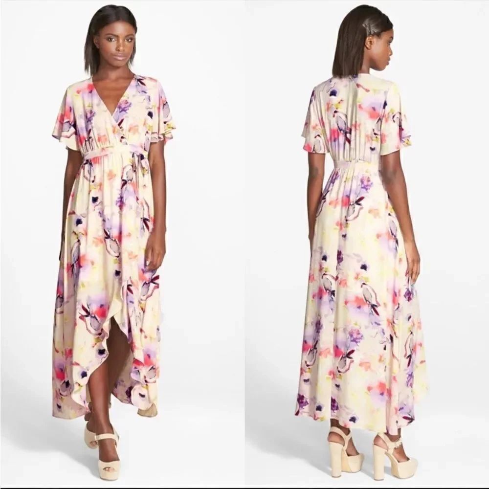 June & Hudson Floral Print High/Low Wrap Dress